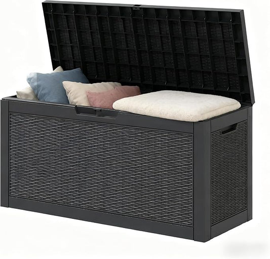 60 Gallon Outdoor Storage Deck Box Waterproof,Large Resin Storage Container for Outside,Patio Accessories for Outsid,Backyard Delivery Boxes,Lockable Lid,Rattan Gray