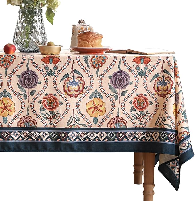 Vintage French Long Rectangular Tablecloth,Linen Tablecloth with Rose and Cornflower Pattern,Decorative Table Cover for Kitchen,Dining,Thanksgiving,Tea Party,63" × 102"-Lanae
