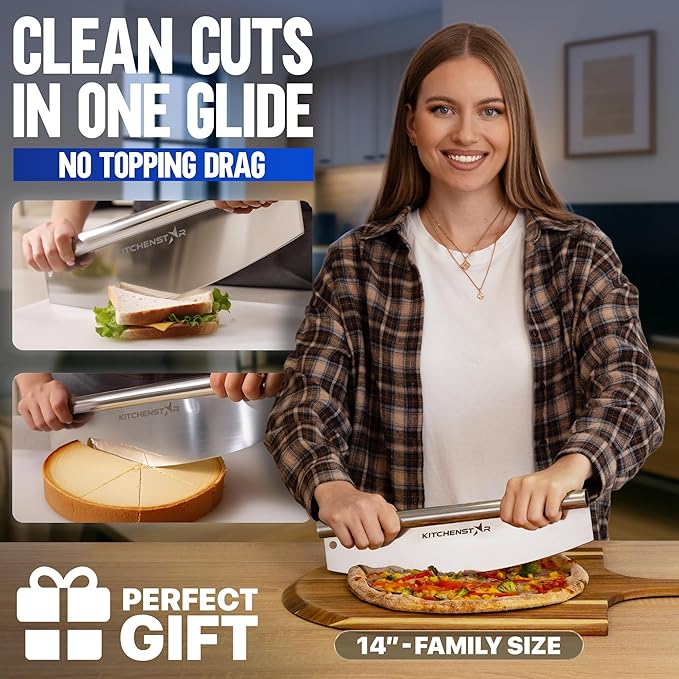 KitchenStar 14-Inch Pizza Cutter Rocker Blade - Sharp Stainless Steel Slicer Knife, Protective Cover, Dishwasher Safe, Large - Professional Pizza Oven Accessories