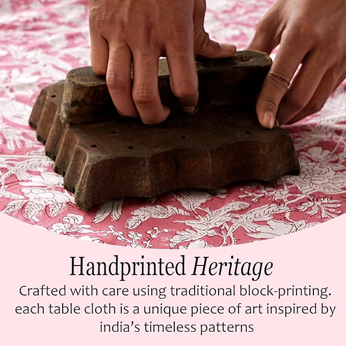 CPC Cotton Tablecloth 80x120 Inch Rectangle Indian Block Print Tablecloth- Pink Washable Wedding Table Cover for Thanksgiving/Christmas- Pink Coral