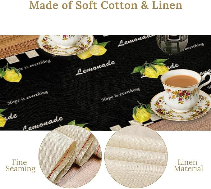 Lemon Table Runner,White Black Buffalo Plaid Watercolor Summer Fruit Print Table Runner for Kitchen Dining Table Indoor Outdoor Home Party Decor 13x60in