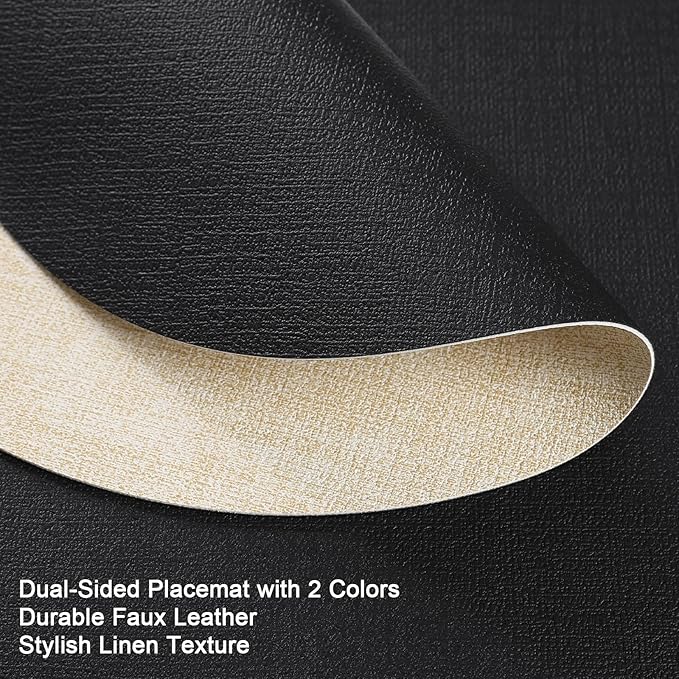Myir JUN Round Placemats, Dual Sided Faux Leather Place Mats Set of 4 Indoor/Outdoor Non-Slip Washable Table Mats (Cream-White Black, Set of 4)