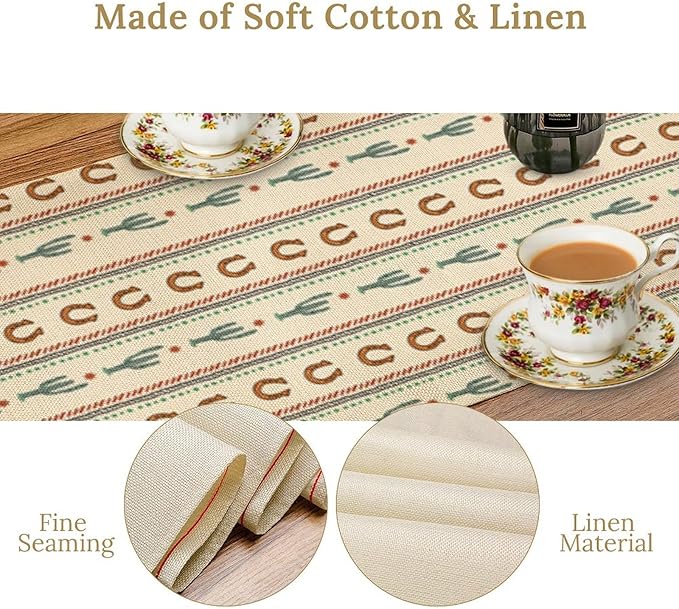 Western Table Runner,Vintage Farmhouse Country Cowboy Horseshoe Cactus Print Table Runner for Kitchen Dining Table Holiday Home Party Decor 13x70in