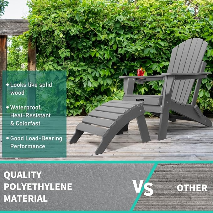FUNBERRY Folding Adirondack Ottoman Set of 2, HDPE All Weather Outdoor Foot Rest, Easy Storage Patio Footstool, Ottomans and Footstools for Outside