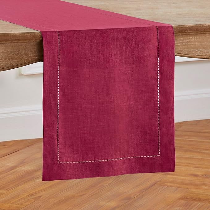 Solino Home Linen Beet Table Runner 90 Inches Long - 100% Pure Linen Hemstitch 14 x 90 Inch Table Runner for Dining, Valentines, Winter, Easter - Classic Hemstitch