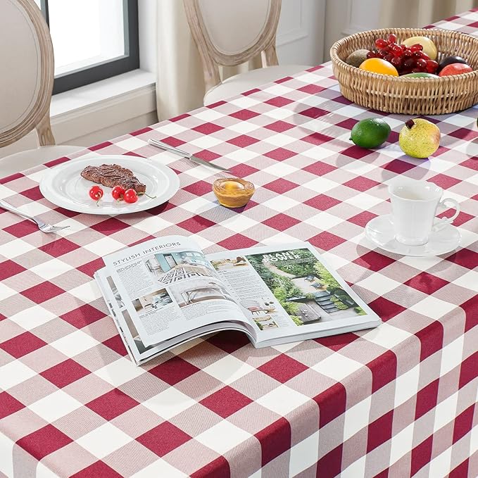 Softalker Gingham Checkered Tablecloth Rectangle - Outdoor Waterproof Buffalo Plaid Table Cloth, Stain Resistant Washable Table Cover for Picnic, Camping, Dining - Burgundy and White, 60 x 84 Inch