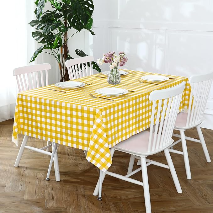 Romanstile Rectangle Vinyl Tablecloth, 100% Waterproof Buffalo Gingham Plastic Table Cloth, Heavy Duty Wipeable Checkered Table Covers for Outdoor, Camping, Picnic, Patio - 54 x 120, Yellow and White