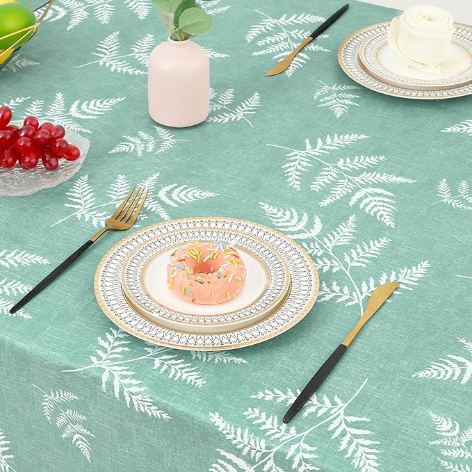 misaya Rectangle Waterproof Vinyl Table Cloth, Wipeable Tablecloth with Flannel Backing, Plastic Table Cover for Dinner, Picnic, Indoor and Outdoor (Light Green Leaves, 60" x 102")