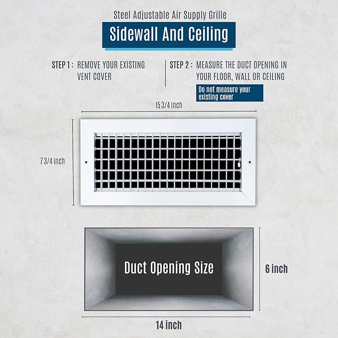 Fits 14x6 Duct Opening Steel Adjustable Air Supply Grille by Handua | Register Vent Cover Grill for Sidewall and Ceiling | White | Outer Dimensions: 15.75" X 7.75"