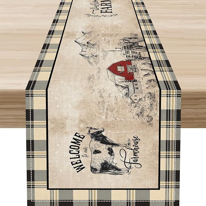 Farmhouse Table Runner, Rustic Country Barn Cottage Rooster Cow Check Animal Coffee Table Center Decor for Home Kitchen Dining Patio Holiday Party Indoor Outdoor Table Decorations 13"x36"