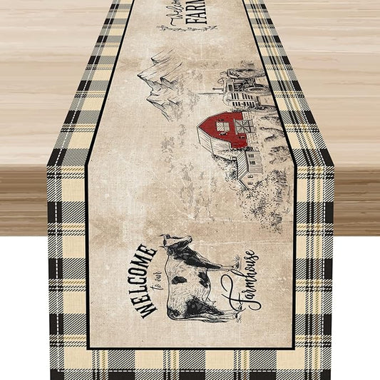 Farmhouse Table Runner, Rustic Country Barn Cottage Rooster Cow Check Animal Coffee Table Center Decor for Home Kitchen Dining Patio Holiday Party Indoor Outdoor Table Decorations 13"x72"