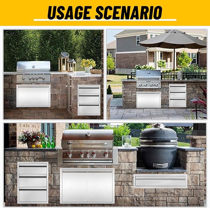 Outdoor Kitchen Drawers 14" W x 21" H x 23" D Triple BBQ Drawers Stainless Steel Built-in Drawer for Patio Grill Station or Outdoor Kitchen Island