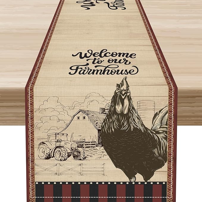 Rustic Farmhouse Table Runner, Vintage Barn Cottage Rooster Retro Farm Country Chicken Wooden Plank Coffee Table Center Decor for Home Kitchen Dining Patio Holiday Party Table Decorations 13"x36"