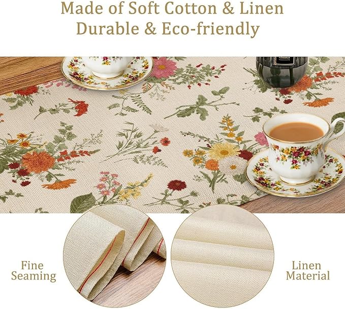 Vintage Flower Table Runner, Rustic Farmhouse Retro Garden Botanical Plants Herbs Wildflower Print Table Runner for Kitchen Dining Room Wedding Party Decor, 13x90inch