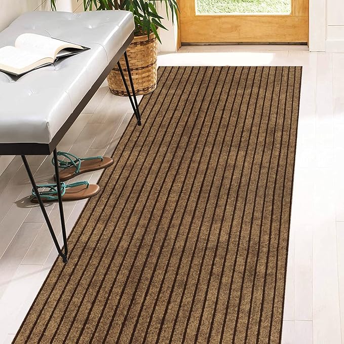 4' x 46' Runner Rugs with Rubber Backing, Indoor Outdoor Utility Carpet Runner Rugs, Stripe Brown, Can Be Used as Aisle for The RV and Boat, Laundry Room and Balcony