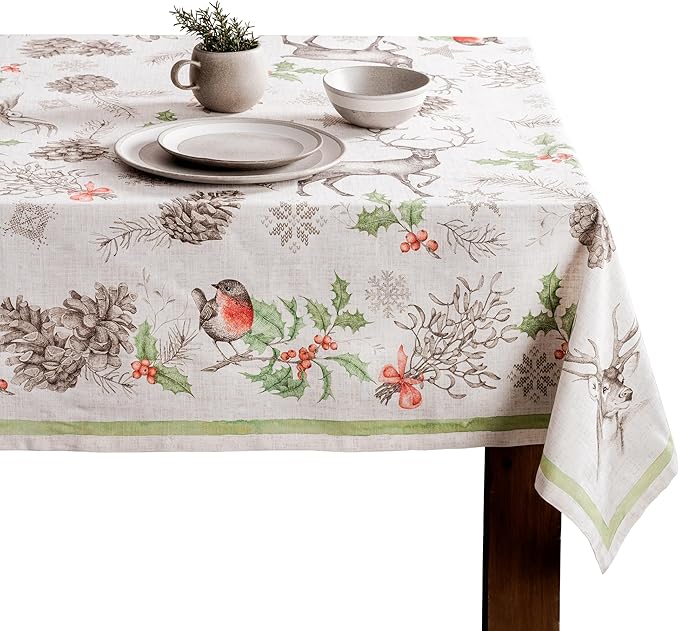 Maison d' Hermine Table Cloth Rectangle Table 100% Cotton 70 x 108 Inches Fall Tablecloth Reusable Everyday Use for Thanksgiving Christmas Decorations Dining Farmhouse Party (Christmas Dew)