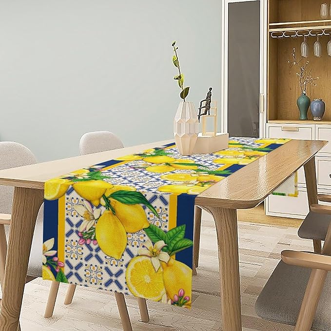 Yellow Lemon Table Runner, Spring Summer Seasonal Blue Tiles Watercolor Lemon Table Runner for Farmhouse Kitchen Indoor Outdoor Party Decor, 13x108inch