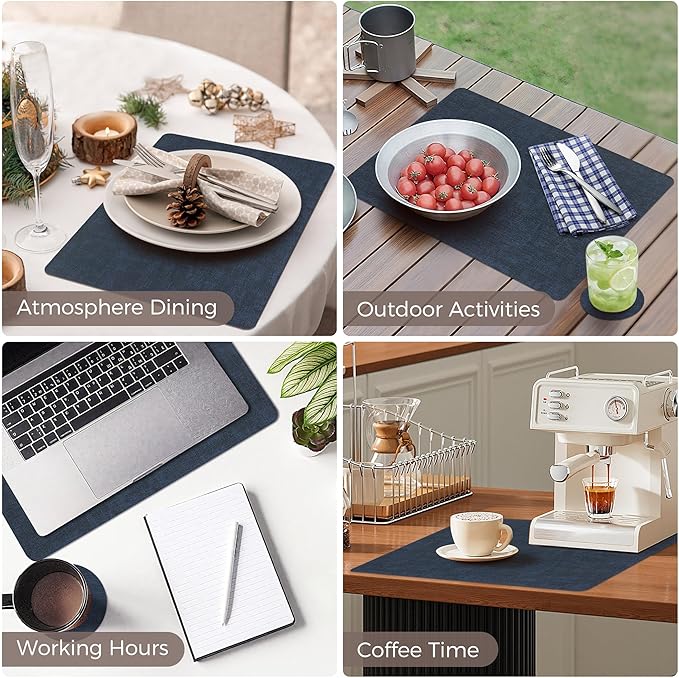 Vinyl Placemats Set of 8, Faux Leather Waterproof and Heat Resistant Place Mats, Washable Anti-Slip Table Mats with Coaster, Wipeable Placemats for Indoor & Outdoor 17" x 12" (Navy Blue, Set of 8)