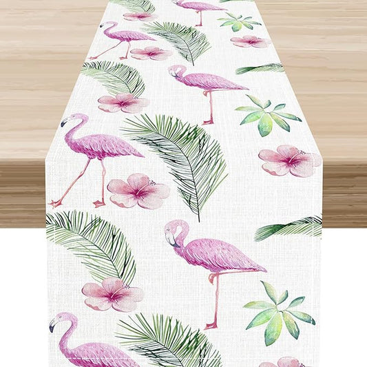 Flamingo Table Runner,Spring Summer Tropical Floral Green Palm Leaves Hawaiian Luau Watercolor Table Center Decor for Family Kitchen Living Room Farmhouse Party Table Decorations, 13"x108"