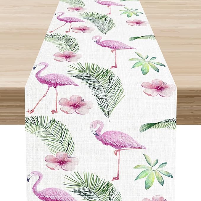 Flamingo Table Runner,Spring Summer Tropical Floral Green Palm Leaves Hawaiian Luau Watercolor Table Center Decor for Family Kitchen Living Room Farmhouse Party Table Decorations, 13"x72"
