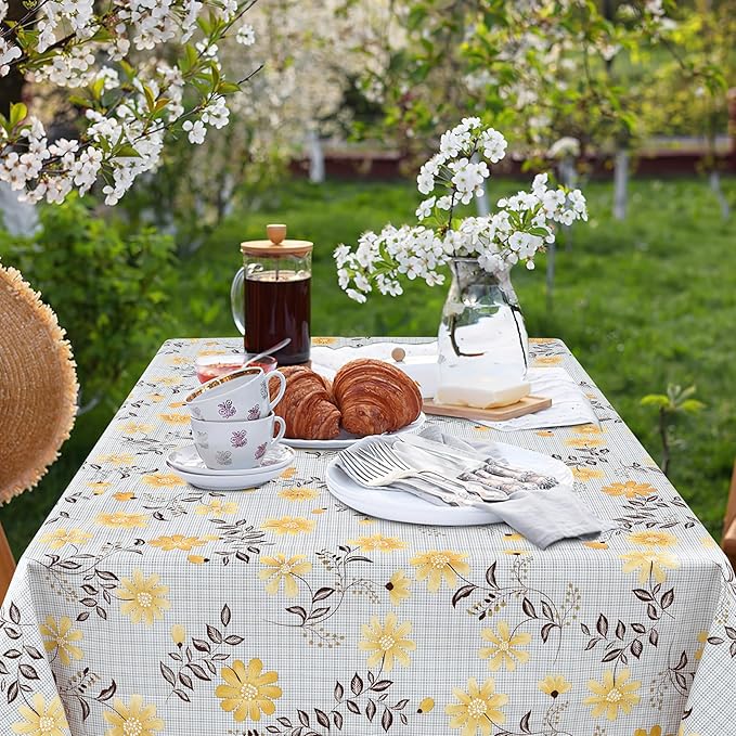 misaya Rectangle Waterproof Vinyl Table Cloth, Wipeable Tablecloth with Flannel Backing, Plastic Table Cover for Dinner, Picnic, Indoor and Outdoor (Yellow Flowers, 60" x 84")