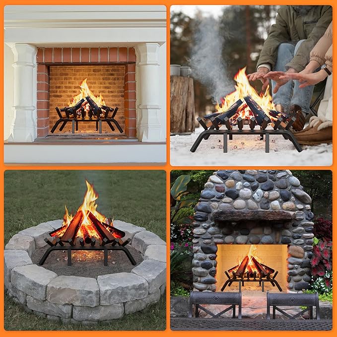 Fireplace Grate 24 Inch with 8 Support Legs, Solid Steel Heavy Duty Fireplace Log Holder with Fire Log Tongs & Fire Poker, Fireplace Log Grate for Indoor Fireplace and Outdoor In-ground Firepit