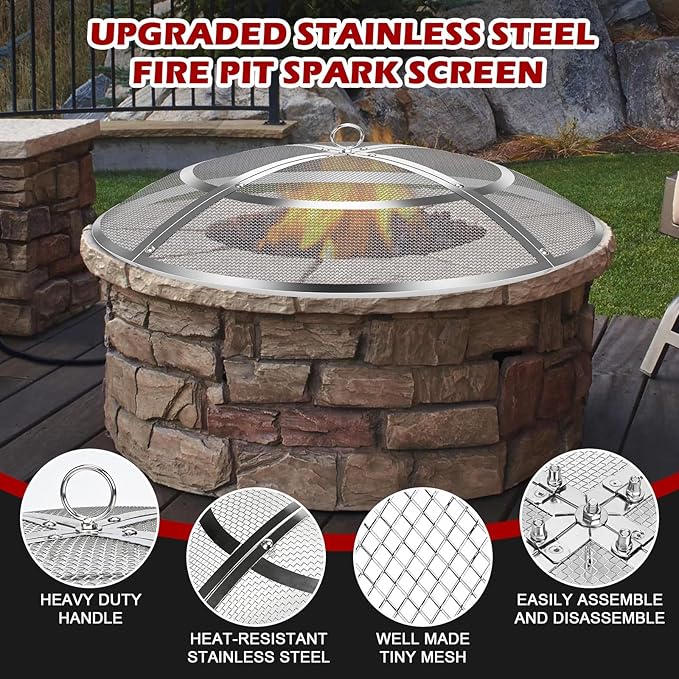 Fire Pit Spark Screen,30 Inch Fire Pit Screen Cover Stainless Steel Outdoor with Handle&Poker,Firepit Screens Cover Round Mesh Lid Heavy-Duty Steel Replacement for Backyard/Beach/RV Camping