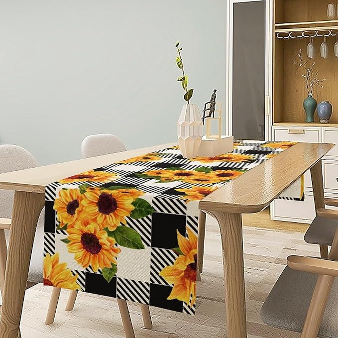 Yellow Sunflower Table Runner, Vintage Farmhouse Black White Sunshine Sunflowers Print for Autumn Farmhouse Home Kitchen Table Decoration,13x60inch
