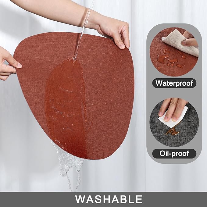 Placemats and Coasters, Washable Reversible Placemats Round Faux Leather Wipeable Place Mats Non Slip Heat Resistant Indoor Outdoor Table Mats (Set of 6, Gray Terracotta)