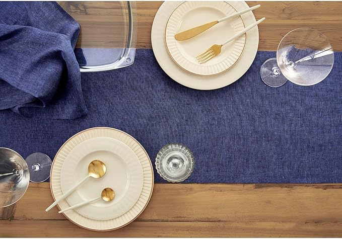 Solino Home Linen Table Runner 60 Inches - 100% Pure Linen Chambray Navy Table Runner 14 x 60 Inch Ideal for Dresser and Coffee Tables - Spring - Athena