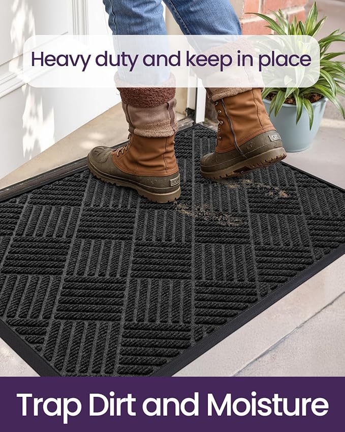 DEXI Front Door Mat Outside Entrance, 2x3 ft Rubber Entry Doormat Heavy Duty, Welcome Mats Non Slip for Inside House Floor Entryway Back Doors Exterior Patio, Diamond Black