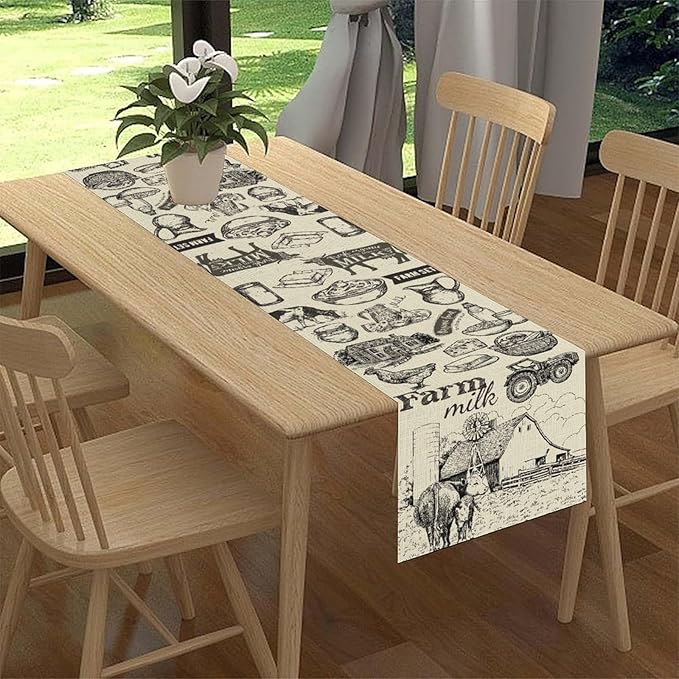 Farm Animals Table Runner, Rustic Farmhouse Rooster Cow Chicken Black Print Watercolor Coffee Table Center Decor for Home Kitchen Dining Patio Party Indoor Outdoor Table Decorations, 13" X 72"