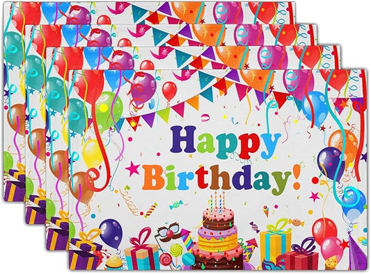 Giwawa Happy Birthday Placemats, Bithday Cake Gifts Decorative Table Mat Set of 4, Colored Flags Balloons Confetti Place Mats 12"x18" for Kitchen Dining Party, Heat Resistant Washable Non-Slip