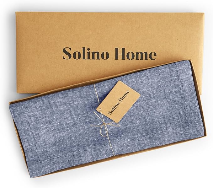 Solino Home Linen Small Table Runner 36 Inches - Athena, 100% Pure Linen Chambray Indigo Table Runner 14 x 36 Inch Ideal for Dresser and Coffee Tables - Winter, Spring, Easter