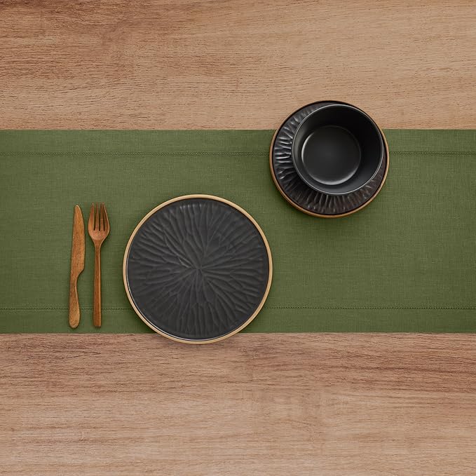 Solino Home Linen Olive Table Runner 120 Inches Long - 100% Pure Linen Hemstitch 14 x 120 Inch Table Runner for Dining, St Patricks Day - Classic Hemstitch