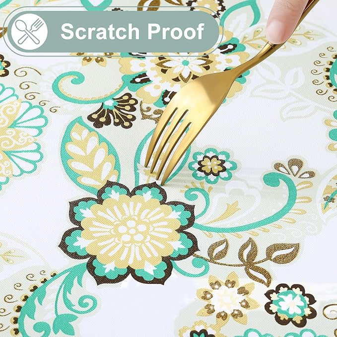misaya Rectangle Waterproof Vinyl Table Cloth, Wipeable Tablecloth with Flannel Backing, Plastic Table Cover for Dinner, Picnic, Indoor and Outdoor (Paisley Flower, 60" x 120")