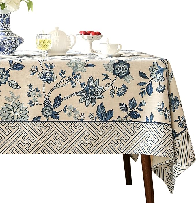 Vintage Blue and White Rectangle Tablecloth,French Linen Floral Wrinkle Free Tablecloths,Decorative Table Cover for Kitchen,Dining,Party,Thanksgiving,Christmas,55"*87"-Suqing