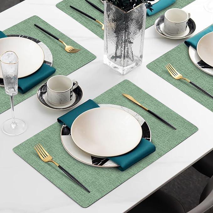 Faux Leather Heat Resistant Christmas Placemats Set of 4 – Waterproof Oilproof Wipeable Dining PU Vinyl Place Mat Easy Clean Table Mats for Kitchen/Dining/Party/Holiday, Dark Green
