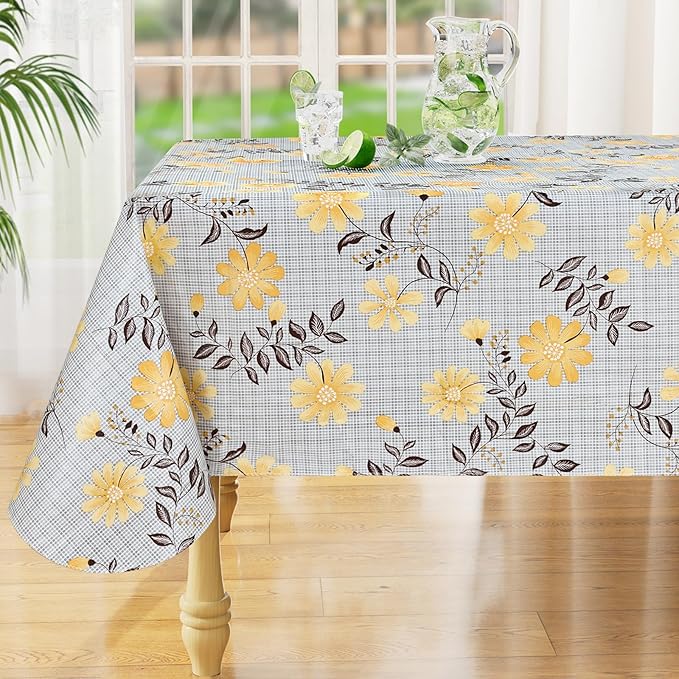 misaya Rectangle Waterproof Vinyl Table Cloth, Wipeable Tablecloth with Flannel Backing, Plastic Table Cover for Dinner, Picnic, Indoor and Outdoor (Yellow Flowers, 60" x 84")