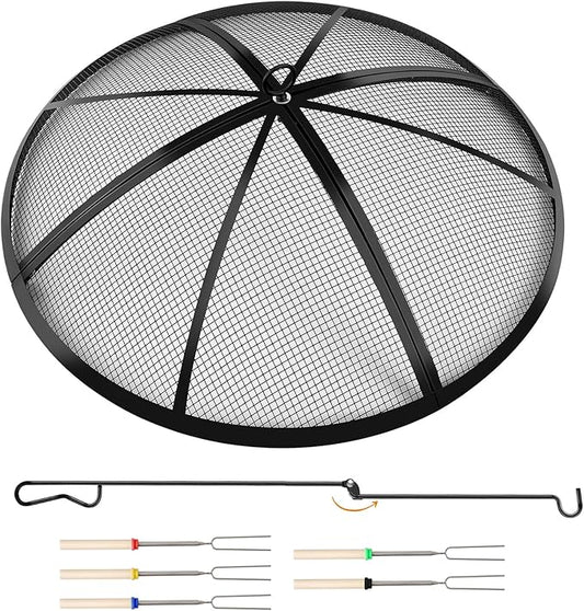 Fire Pit Spark Screen, Outdoor 36 Inch Round Fire Pit Screen with Foldable Hook and Marshmallow Sticks, Heavy Duty Steel Mesh Fire Pit Cover for Backyard, Beach, RV Camping