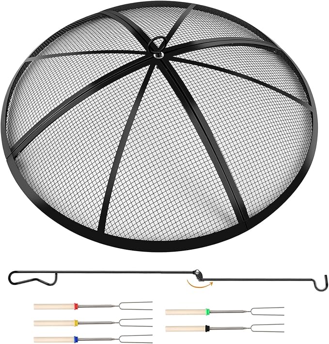 Fire Pit Spark Screen, Outdoor 40 Inch Round Fire Pit Screen with Foldable Hook and Marshmallow Sticks, Heavy Duty Steel Mesh Fire Pit Cover for Backyard, Beach, RV Camping