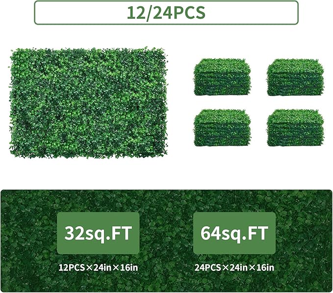 12PCS 24x16 Artificial Grass Wall Panels - Boxwood Privacy Screen UV Protected Waterproof Indoor Outdoor Garden Fence Backyard