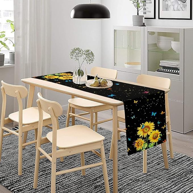Farmhouse Sunflower Table Runner, Black Starry Spring Yellow Flowers Botanical Butterfly Table Runners for Dining Kitchen Holiday Party Table Decor, 13x90inch