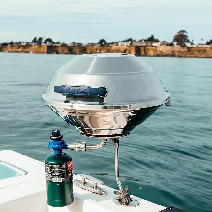 Magma A10-215 Marine Kettle Portable Gas Grill - Stainless Steel BBQ for Boats - Wind-Resistant Design, Safe Propane Connection, Stay Cool Handle - 17" Diameter