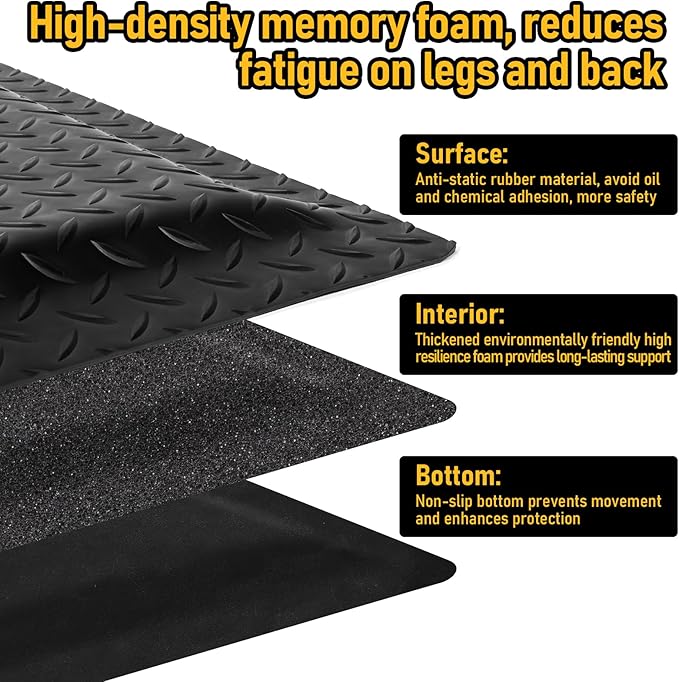 Nisorpa Anti Fatigue Mats Industrial 3' x 6' Ergonomic Standing Mat 15/16" Extra Thick Kitchen Mat for Standing Heavy Duty Commercial Diamond Plate Border Safety Support for Leg & Back Pain, Black
