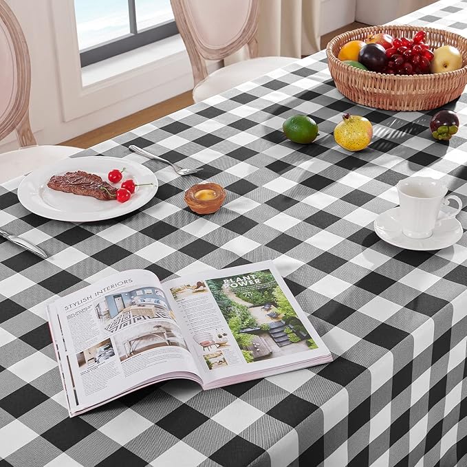 Softalker Gingham Checkered Tablecloth Rectangle - Outdoor Waterproof Buffalo Plaid Table Cloth, Stain Resistant Washable Table Cover for Picnic, Camping, Dining - Black and White, 54 x 120 Inch