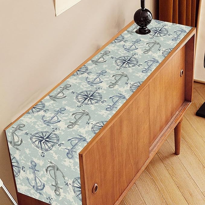Summer Beach Table Runner, Blue Sea Coastal Nautical Sailboat Map Sketch Compass Ocean Table Runner Seasonal Holiday Home Kitchen Dining Table for Home Party Decor 13"x108"