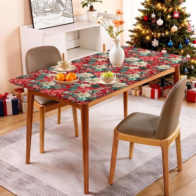Rectangle Table Cloth Cover Waterproof Elastic Fitted Polyester Fitted Tablecloths for 8 Foot Tables for Indoor,Picnic, Camping, Outdoor （96" x 30"，Christmas Flowers）