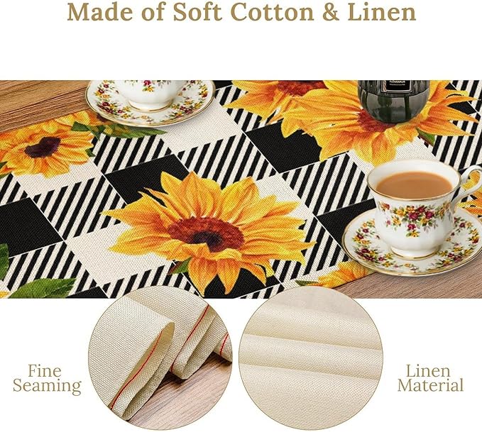 Yellow Sunflower Table Runner, Vintage Farmhouse Black White Sunshine Sunflowers Print for Autumn Farmhouse Home Kitchen Table Decoration,13x36inch