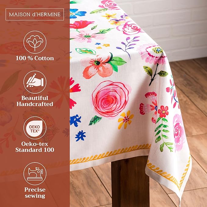 Maison d' Hermine Table Cloth Rectangle Table 100% Cotton 70 x 108 Inches Tablecloth Reusable for Dining Room, Farmhouse, Home, Party, Festive & Wedding Spring Summer - Happy Florals - Sweety